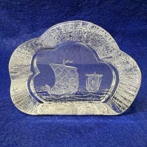 Vintage Nybro Sweden Crystal Art Glass Paperweight, Viking Ships